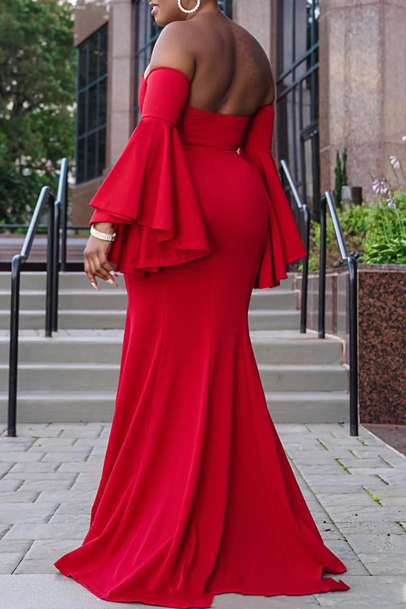 Red Sexy Solid Split Joint Strapless Trumpet Mermaid Dresses