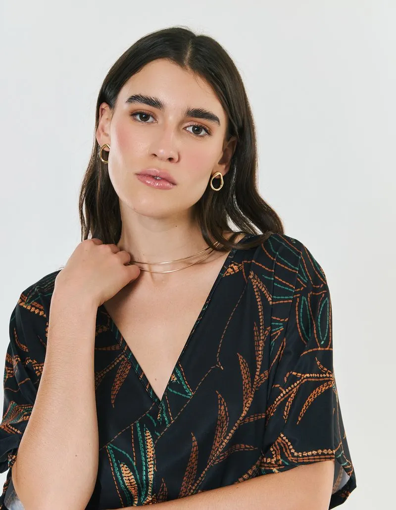 Printed Blouse Foliage Topstitching - Black