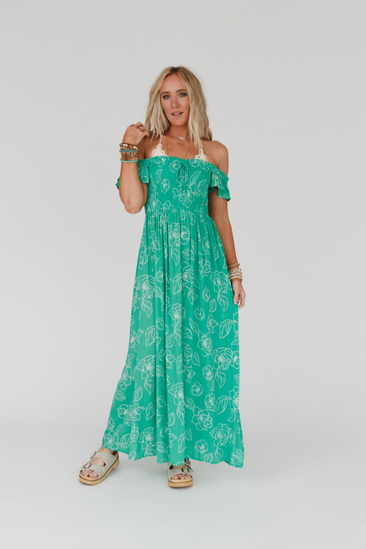 Blooming Love Off The Shoulder Maxi Dress - Green