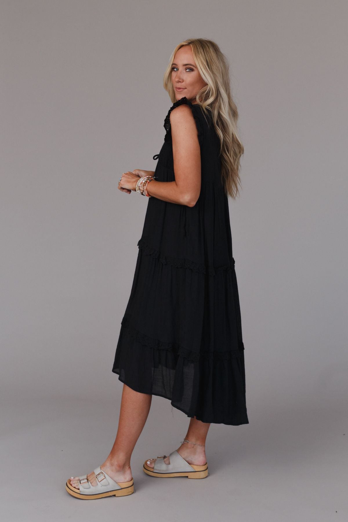 Mina Tiered Scallop Edge Maxi Dress - Black