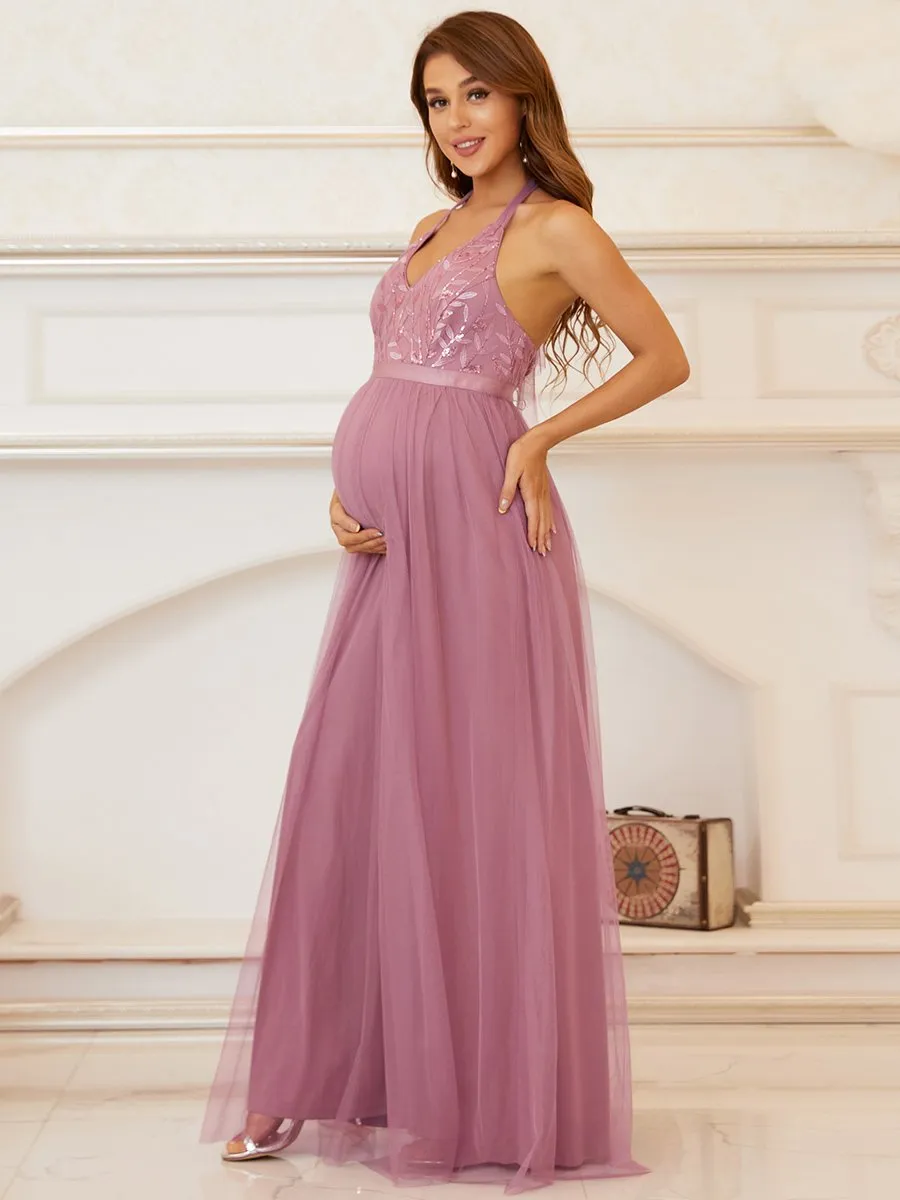 A Line Floor Length Halter Neck Wholesale Maternity Dresses