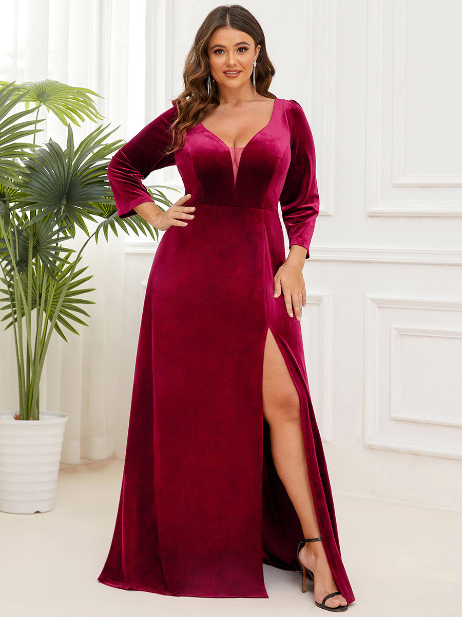 Plus Shiny Long Sleeves Deep V Neck A Line Wholesale Evening Dresses