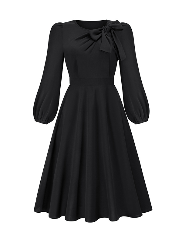 A-Line Long Sleeves Asymmetric Bowknot Elasticity Solid Color Round-Neck Midi Dresses