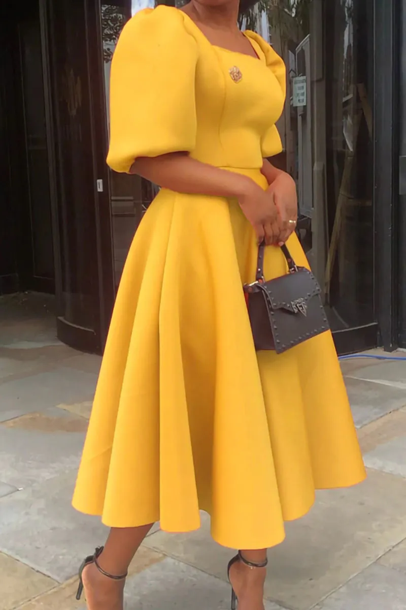 Yellow Elegant Solid Patchwork Square Collar Evening Dress Dresses