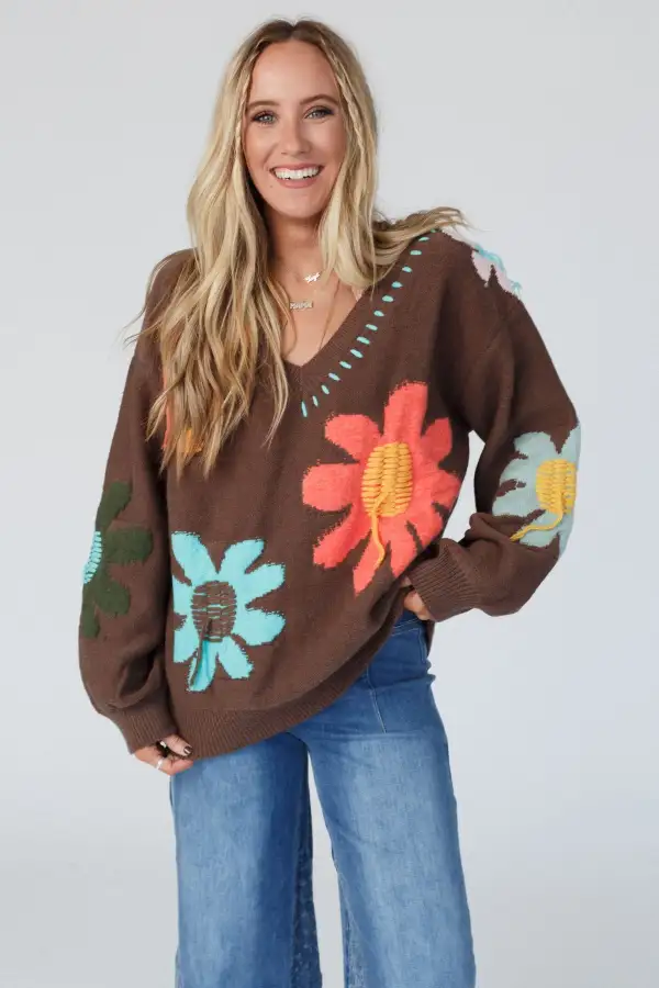 Good Mood Flower Print Sweater - Chocolate