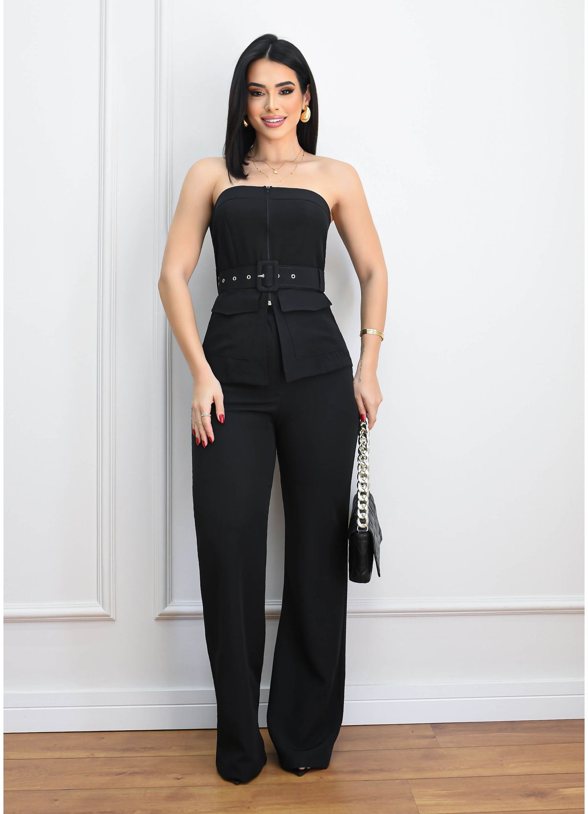 STRAPLESS BELT BLOUSE SET W/ TAILORED PANTS