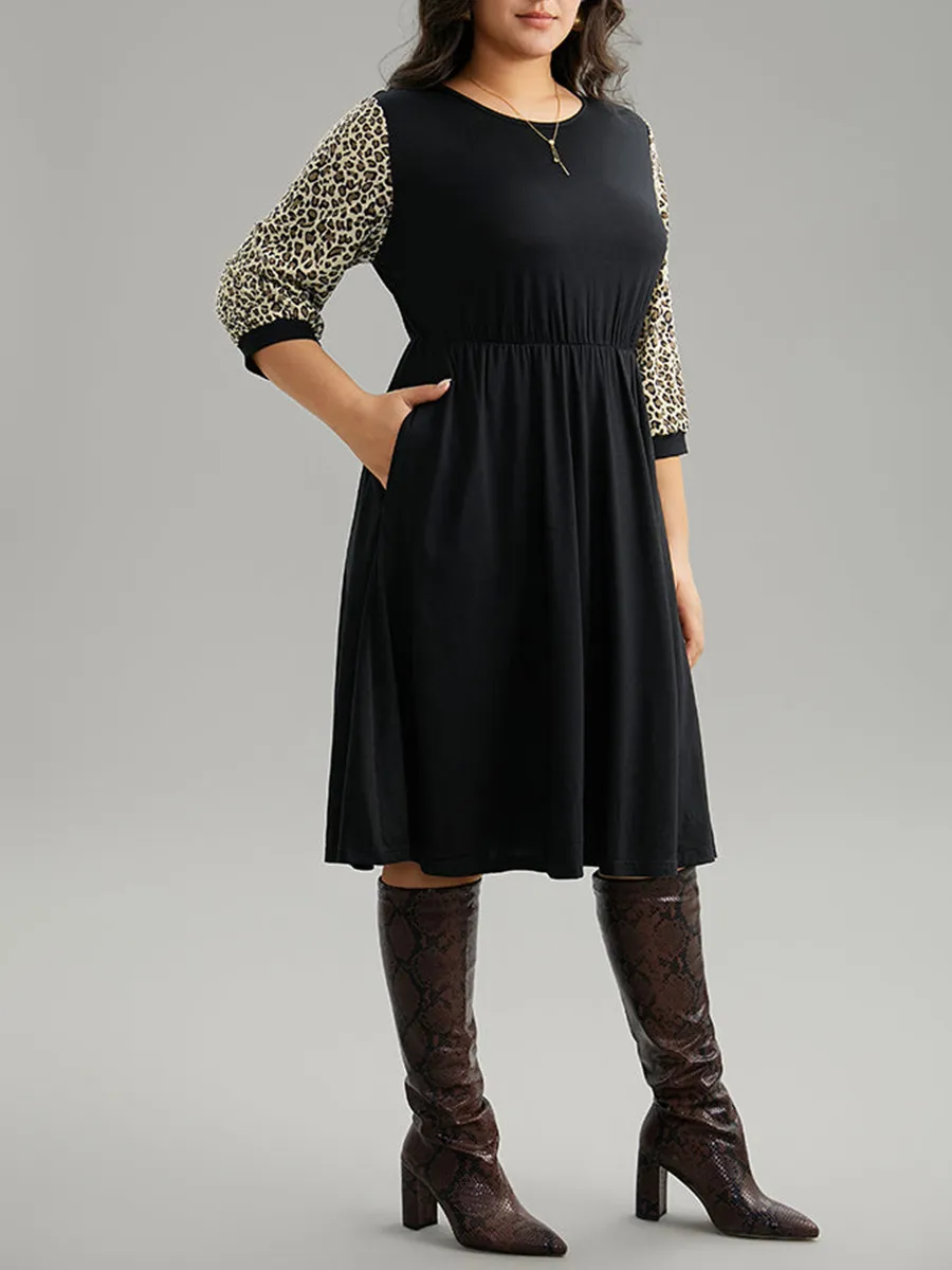 Leopard print spliced plus-size women's dress