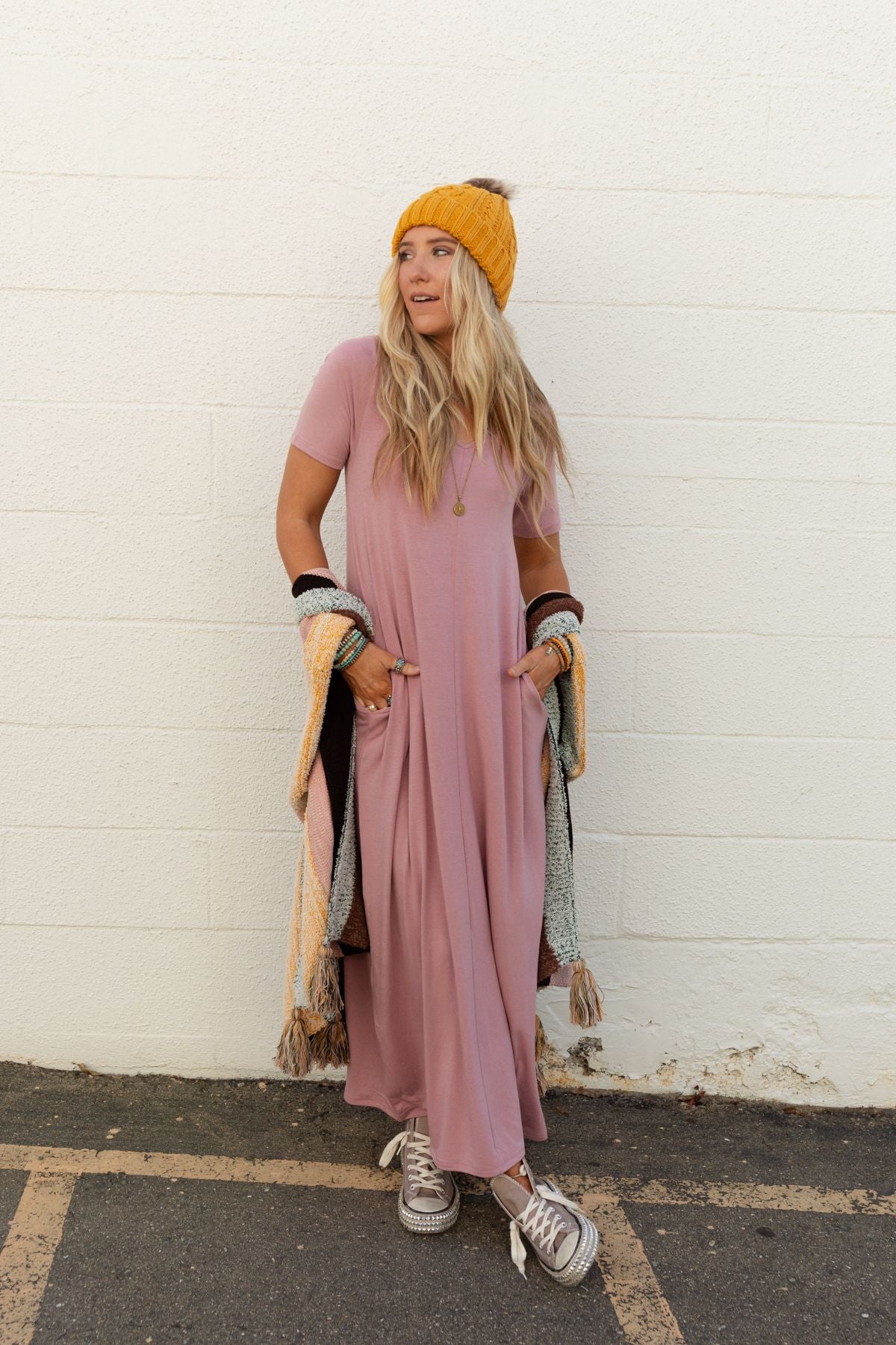 V Neck Pocket Tee Maxi Dress - Light Rose