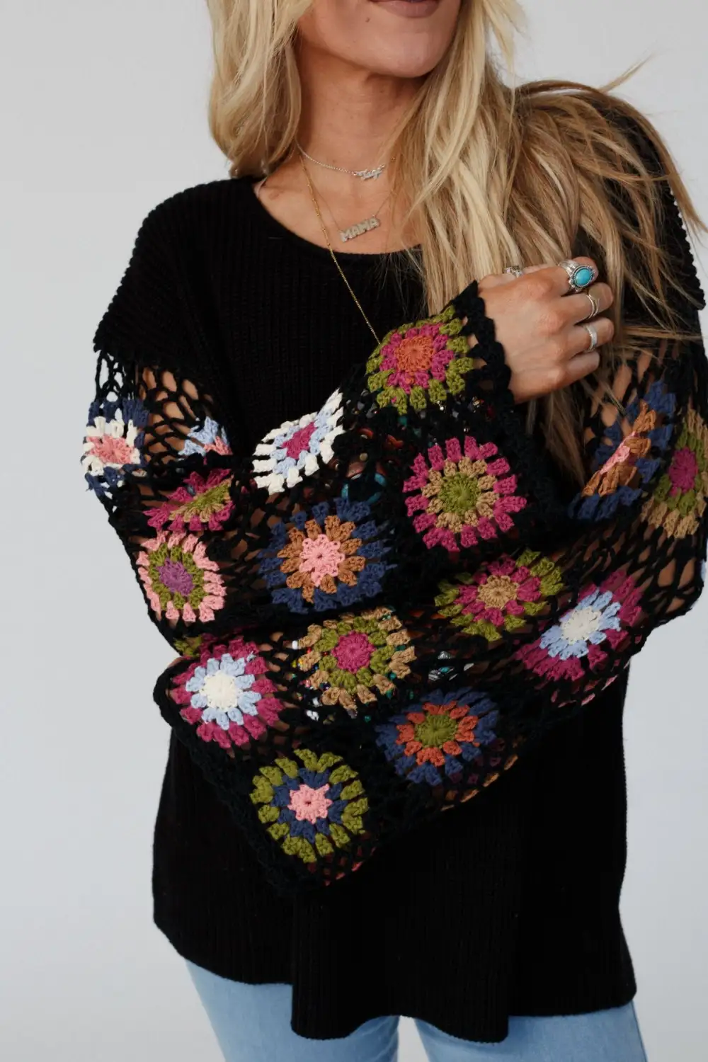 Soft Petals Crochet Sweater Top - Black