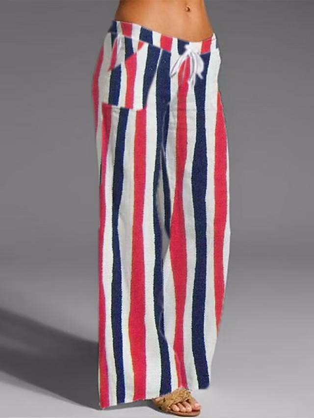 Cotton and Linen Elastic Waist Wide-leg Comfortable Striped Casual Pants