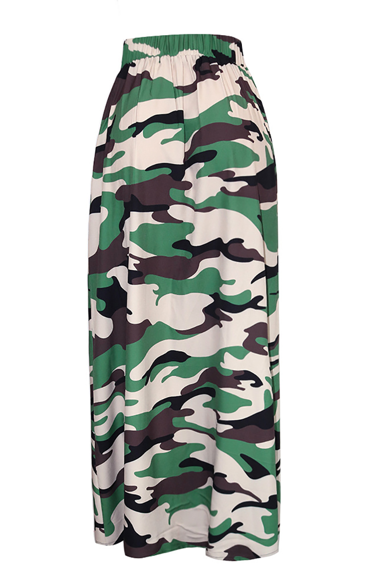 High Slit Camo Print Pleated Maxi Skirt