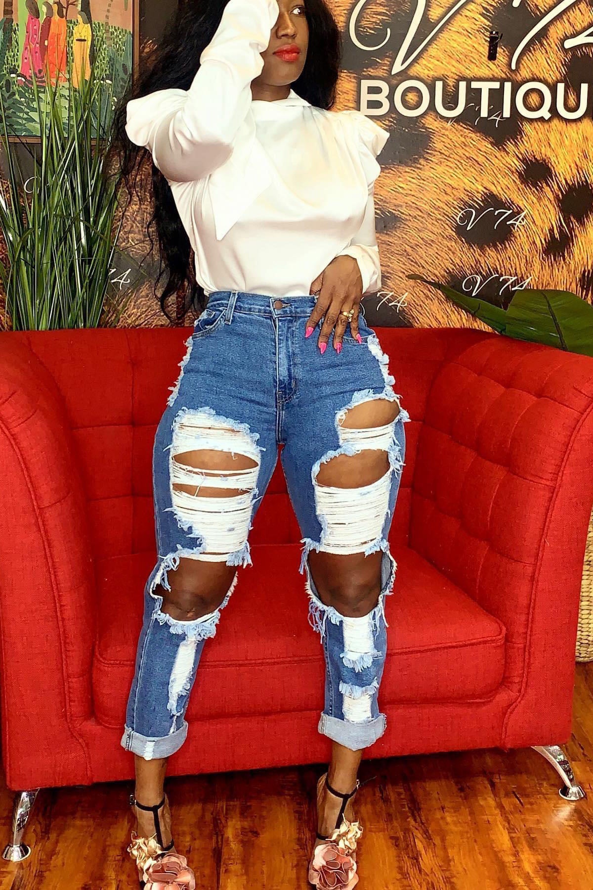 High Waisted Straight Leg Ripped Denim Trousers