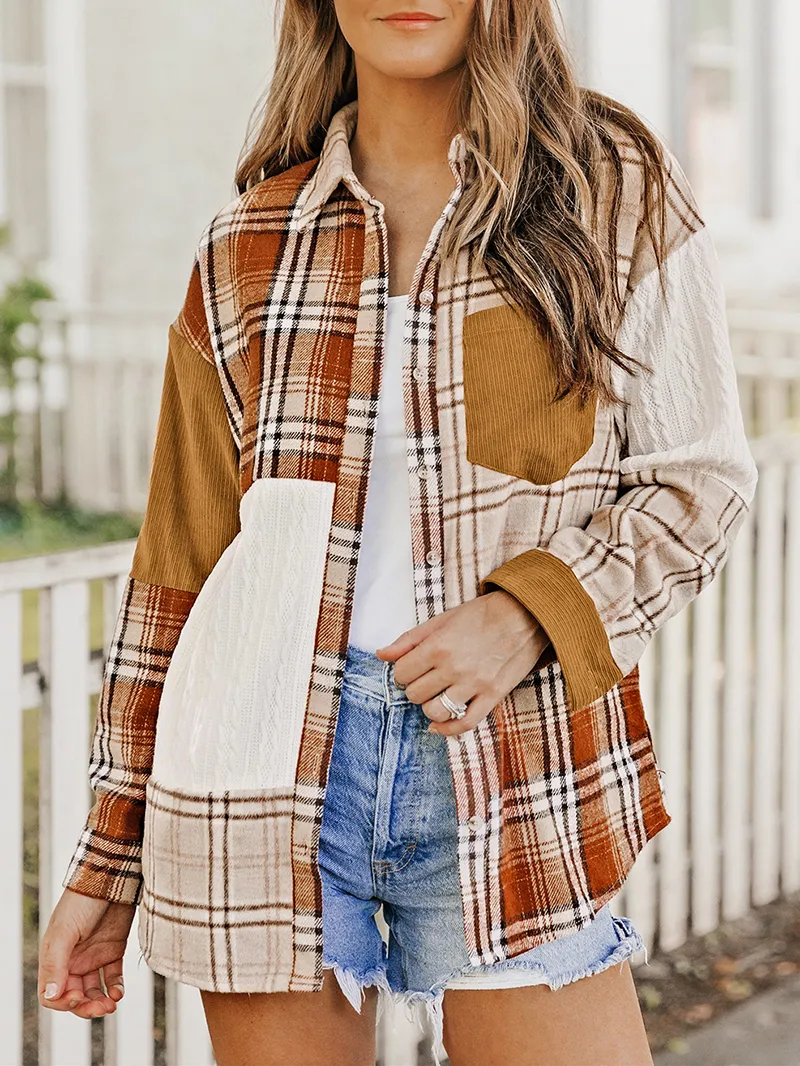 Orange Plaid Color Block Patchwork Shirt Jacket with Pocket