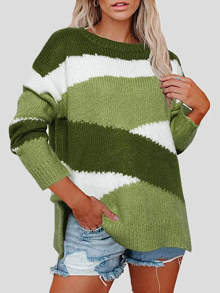 Women's Sweaters Colorblock Striped Irregular Long Sleeve Sweater