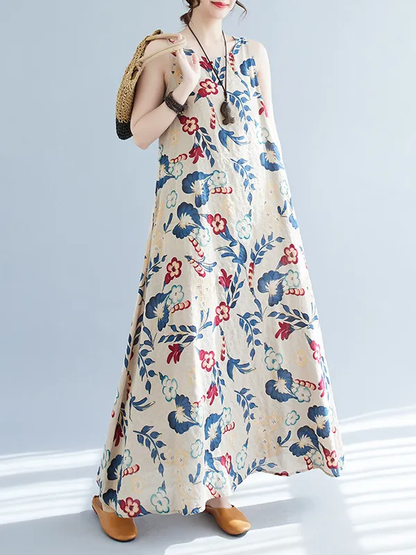 Loose Sleeveless Floral Printed Round-Neck Maxi Dresses