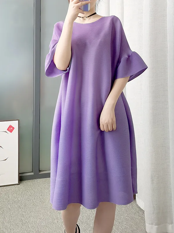 Stylish Selection Flared Sleeves A-Line Pleated Solid Color Round-Neck Midi Dresses