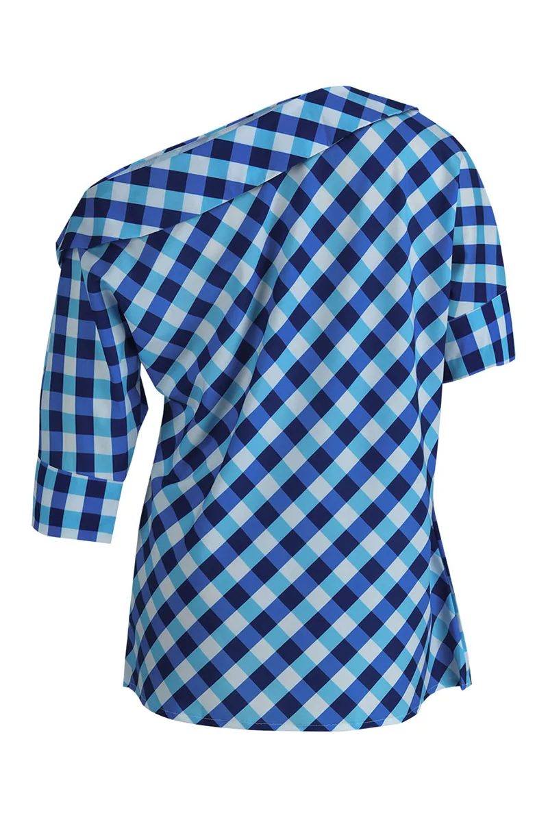 Blue Casual Plaid Print Patchwork Asymmetrical Oblique Collar Tops