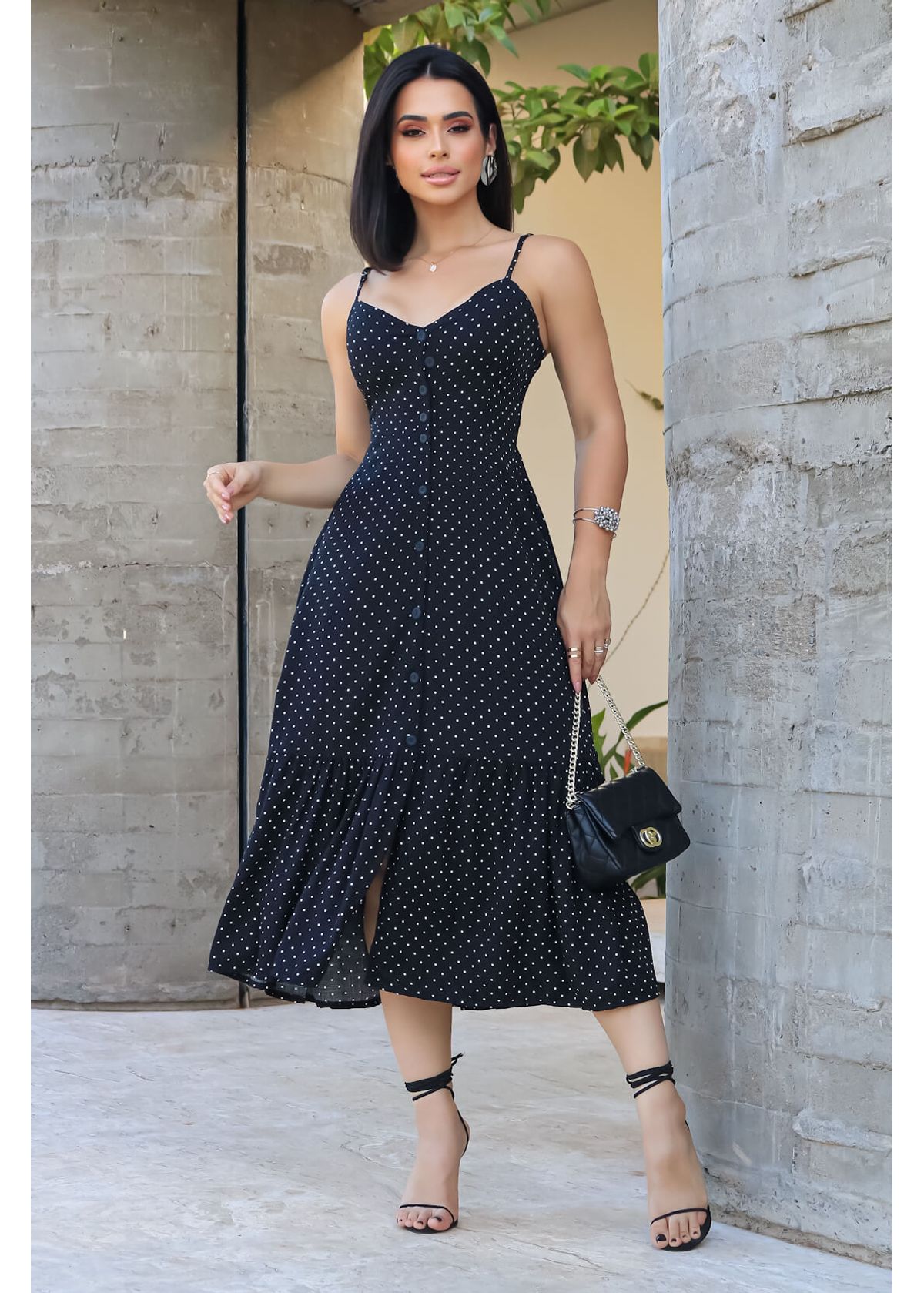 Mini Polka Dot Button Midi Dress - Black;M