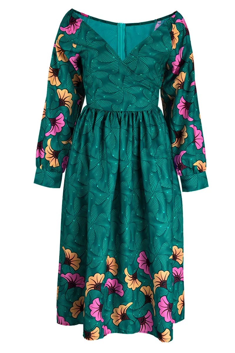 Green Casual Elegant Print Patchwork V Neck A Line Dresses