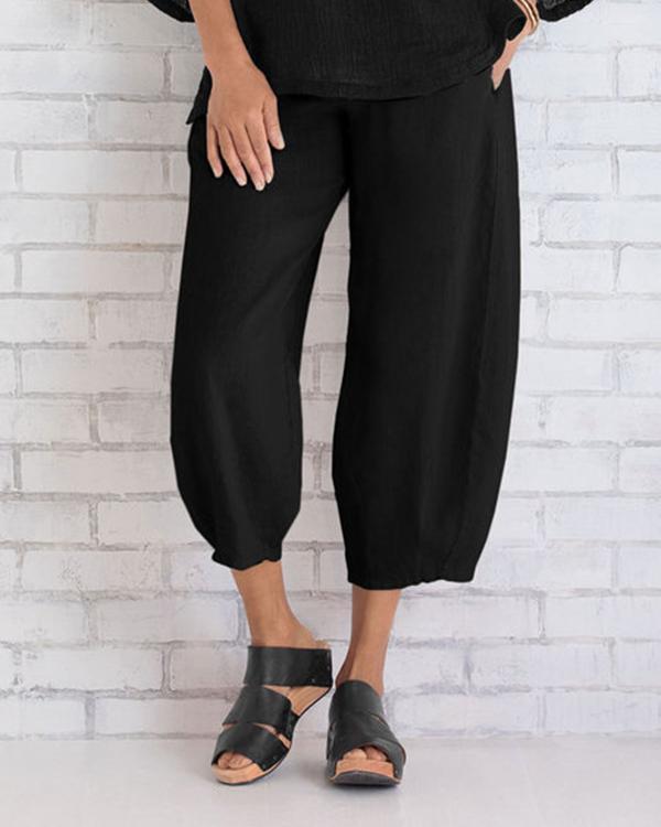 Solid Casual Elastic Waist Wide Leg Pants