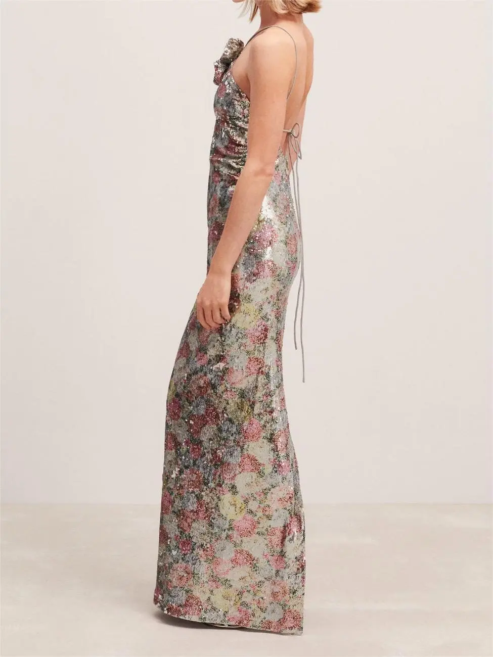 Sequinned halter-neck floral dress