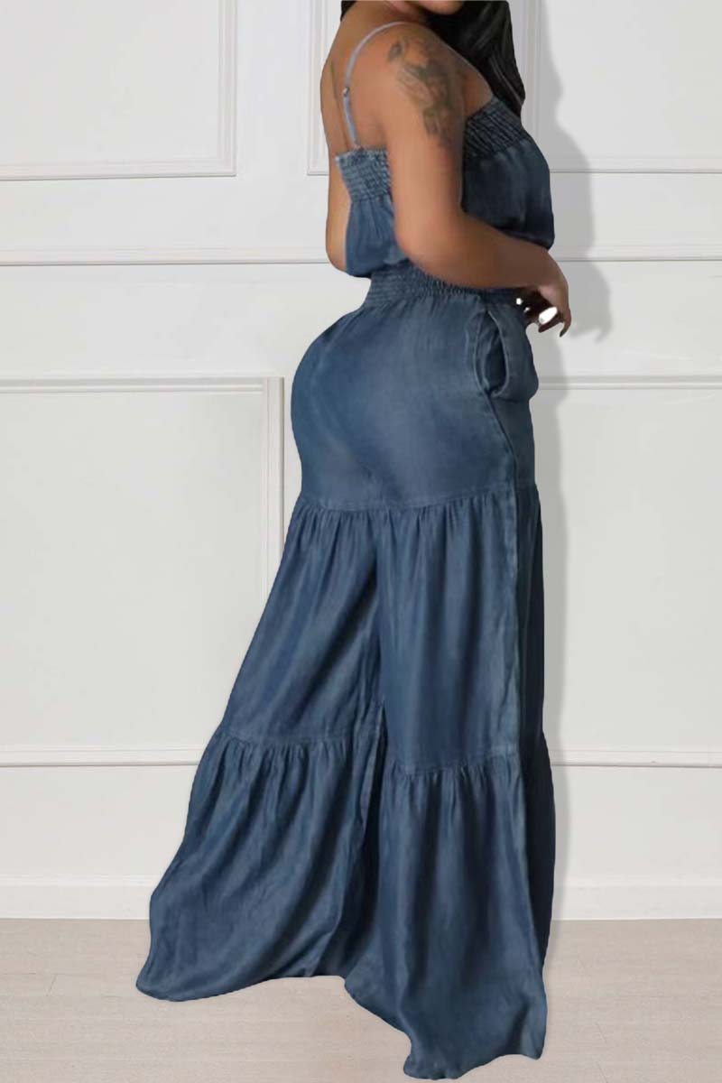 Denim Cami Elastic High Waist Wide Leg Pocket Jumpsuit