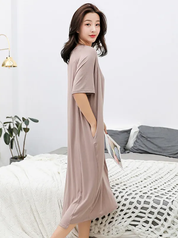 Simple Loose Half Sleeves Solid Color Round-Neck Pajamas Dress