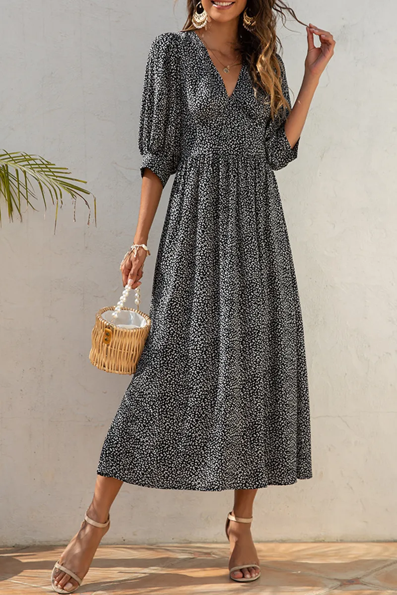 Elegant Floral Split Joint Fold V Neck A Line Dresses