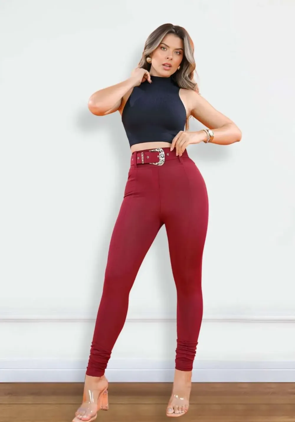 Marsala Shaping Leggings with Belt as a Gift - Lifts the Butt and Compresses the Tummy