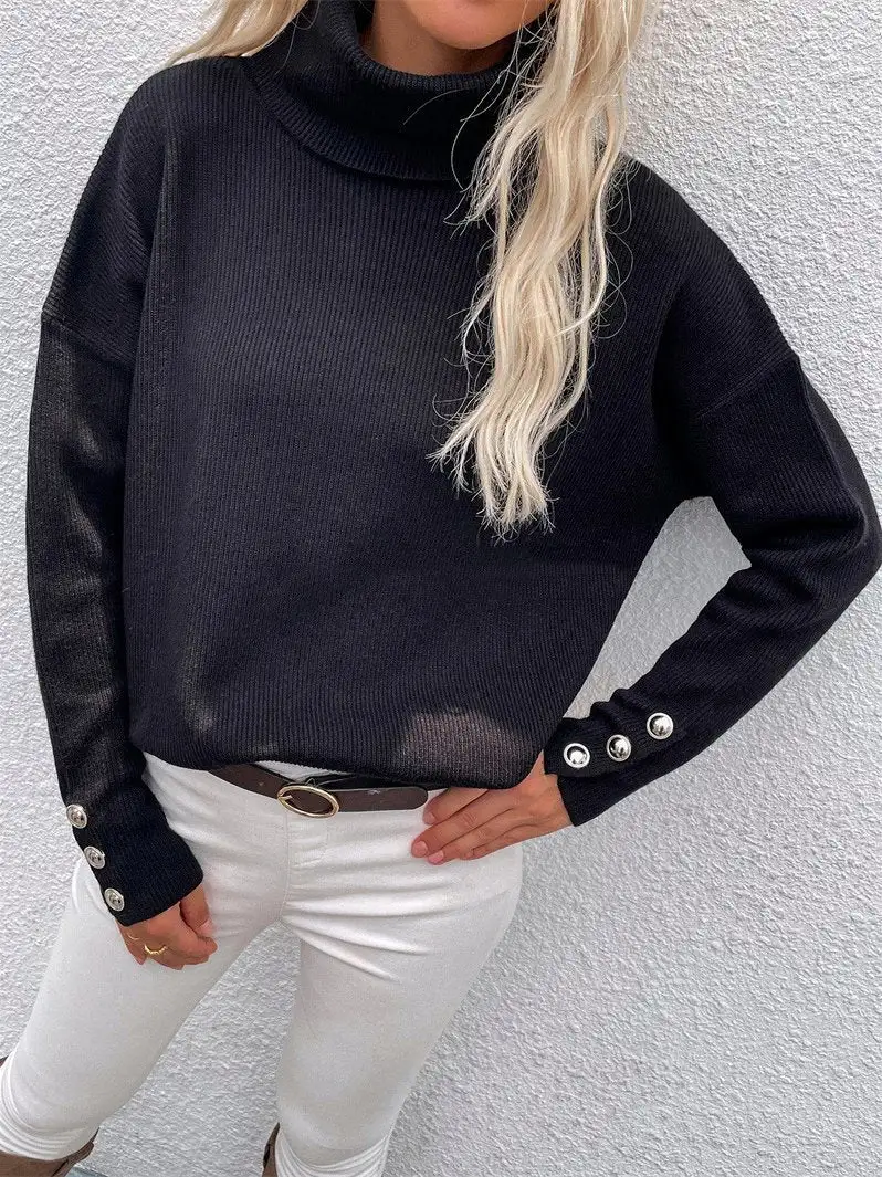 Women's Sweaters High Head Button Solid Long Sleeve Sweater