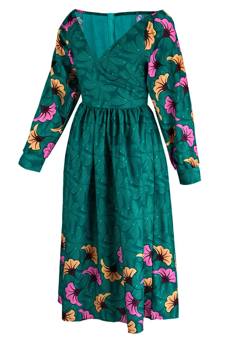 Green Casual Elegant Print Patchwork V Neck A Line Dresses