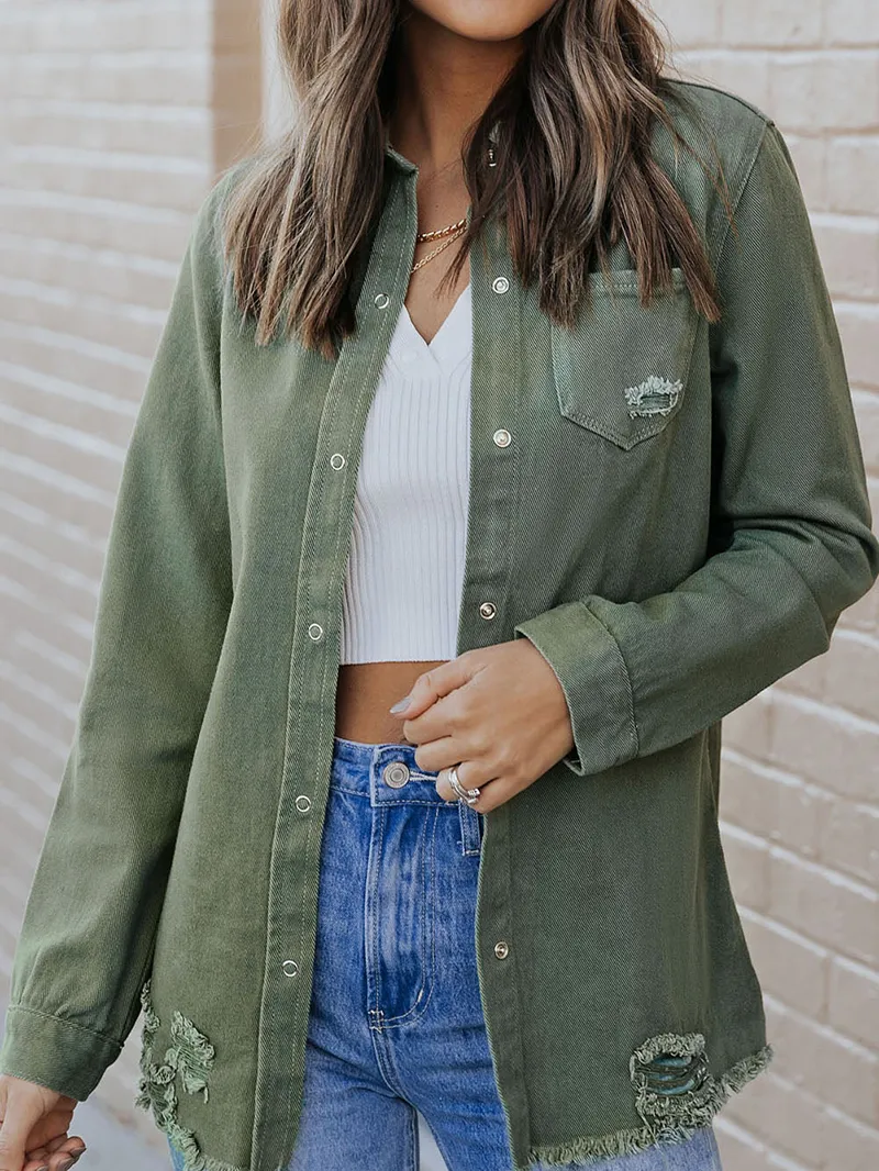 Casual solid color long sleeve denim jacket